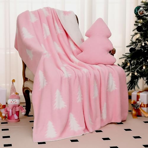 Hillsuren Pink & White Christmas Tree Throw Blanket & Pillow Set, 50 x 60 In, Double-Sided