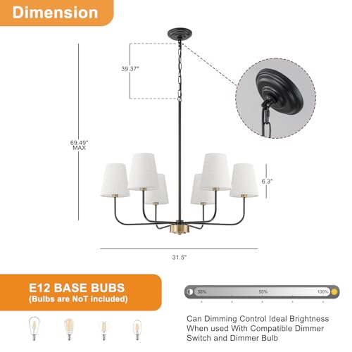 Black Gold 31.5-Inch Candle Style Dining Room Chandelier with Linen Shades
