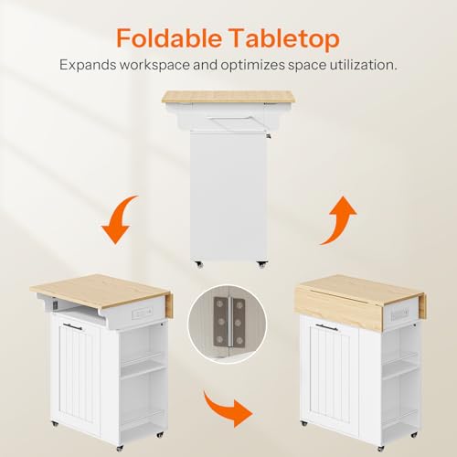HOOBRO Kitchen Island with Trash Can Storage & Power Outlets, Rolling Drop Leaf Cart, White & Natural