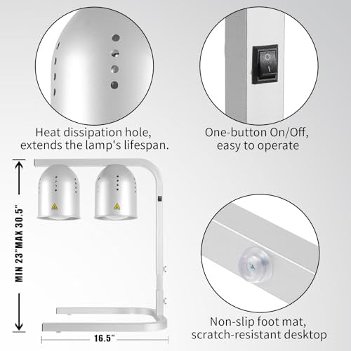 VORIGY Silver Food Heat Lamp with 2x 250W Bulbs, 5000+ Hour Lifespan, Adjustable Stand
