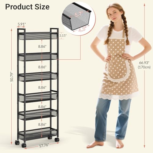 ThreeHio Black 6-Inch Wide 6-Tier Slim Metal Storage Cart with Wheels