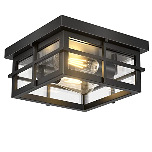 2-Light Modern Outdoor Ceiling Light Fixture with Clear Glass Shade - Black Farmhouse Square Flush Mount