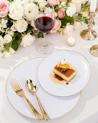 10.25-Inch White and Gold Disposable Plastic Plates - Pack of 100