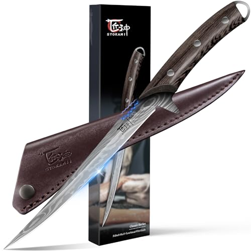 SYOKAMI 9 Inch Fillet Knife with Leather Sheath - Flexible Fish & Meat Boning Knife, Non-Slip Wooden Handle, Professional Japanese Outdoors Kitchen Tool