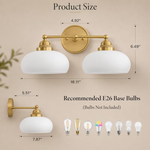 Vintage Milk Glass Wall Sconce - 2 Lights Antique Brass Bathroom Vanity Light - Antique Brass Variation