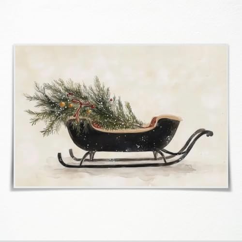 Vintage Christmas Wall Art Winter Sleigh Ride Canvas Print Christmas Tree bow Painting Poster Christmas Gifts Minimalist Holiday Wall Decor for Farmhouse Living Room Bedroom Unframed12x18inch