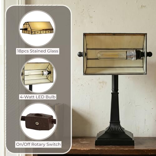 16-Inch Tiffany Style Bankers Desk Lamp with Stained Glass Shade - Vintage LED
