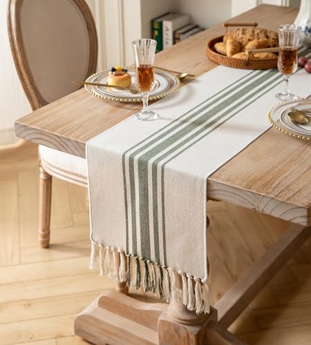 Caflife Green Beige Boho Table Runner 13x90 Inch with Handcrafted Tassels, Farmhouse Decor
