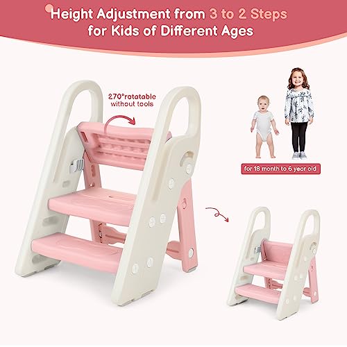 Pink Foldable Toddler Step Stool with Handles - Adjustable Bathroom Sink & Kitchen Helper