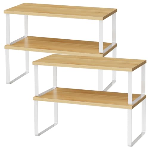 Large Kitchen Counter Shelf Organizer Set of 4 - 15.7 Inch Wood Storage Shelves, Expandable & Stackable, White & Natural Beige Variation