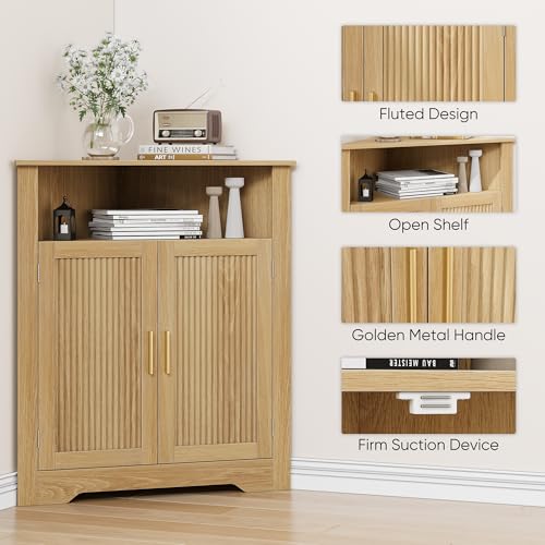 Smuxee Corner Bathroom & Kitchen Storage Cabinet with Fluted Door, Adjustable Shelves