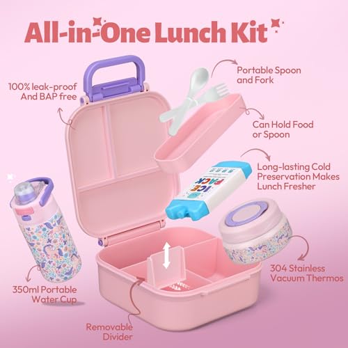Itslife Pink Kids Bento Lunch Box Set with Insulated Thermos & Water Bottle