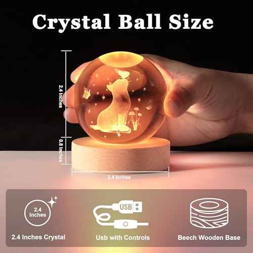 Cat Gifts, 2.4In Cute Crystal Cats Ball Lamp with Wooden Base, Gifts Ideas for Cat Lover, Girlfriend Mom Girl-Christmas, Birthday, Mothers Day, Decor for Home