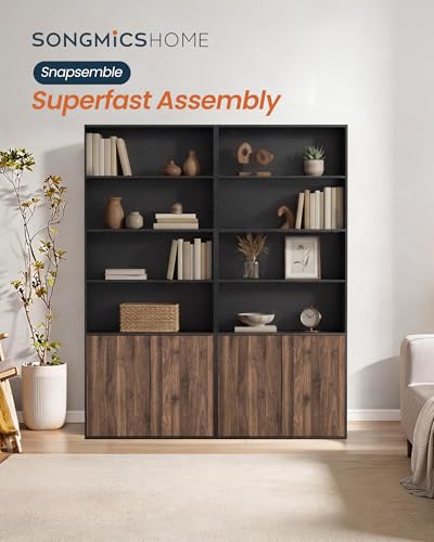 SONGMICS HOME Snapsemble 6-Tier Book Shelf with Doors, Adjustable Shelves, Ebony Black + Natural Walnut