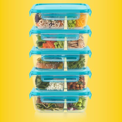 Pyrex Glass Meal Box 4-Cup Divided Containers 5-Pack with Locking Lids - BPA-Free