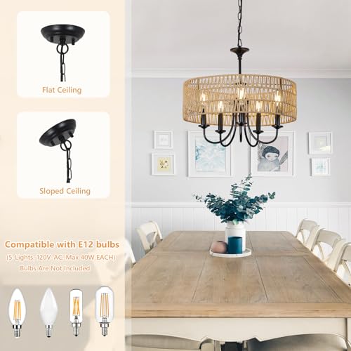Black Farmhouse Chandelier Light Fixture - 5-Lights Rattan Pendant for Dining Room & Living Room