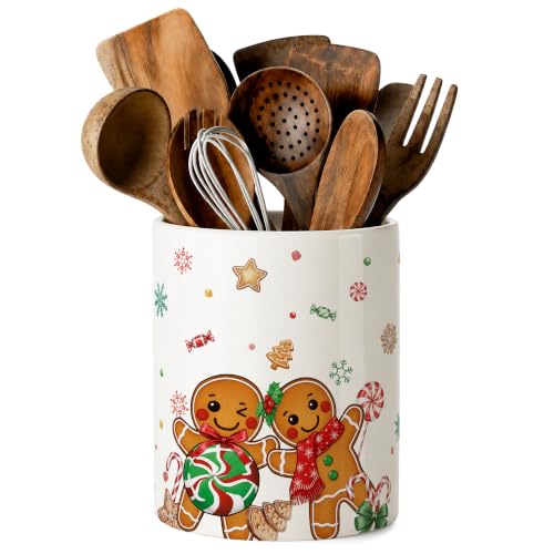 Gingerbread Man Ceramic Utensil Holder - Christmas Farmhouse Kitchen Decor