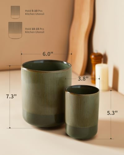 Ceramic Kitchen Utensil Holder Set - Brown and Green, 7.3" & 5.3" Countertop Storage