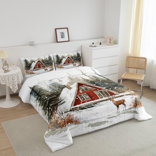 Manfei Cute Deer Bedding Set Queen – Green Red 3pc Comforter Set with Pillowcases, Kids Room Quilt