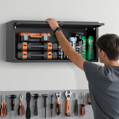 VEVOR Metal Wall Cabinet Upgrade Flip Up 14in, Floating Garage Tool Storage