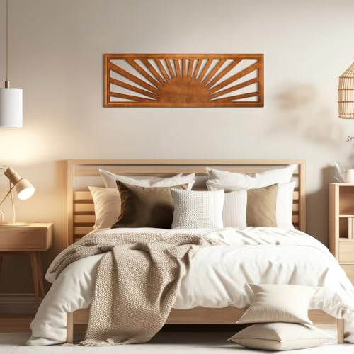 Burbell Horizontal Sun Wall Art - Boho Wooden Room Decor 35x12 Dark Brown