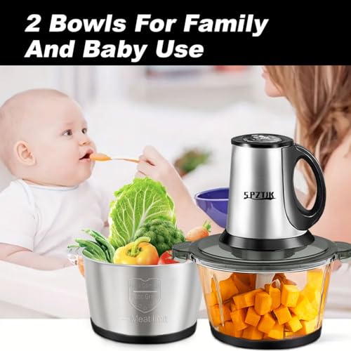 Electric Food Processor with Dual 8-Cup Stainless Steel & Glass Bowls - 3-Speed, Quiet Kitchen Chopper & Grinder