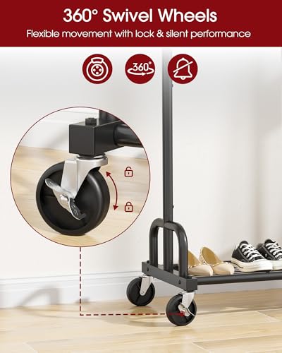 Sakugi Large-Capacity Metal Clothes Rack with Lockable Wheels, 45.6 x 16.9 x 59 inches, Black - 1 Rod