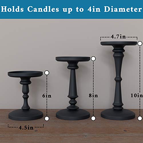 Set of 3 Matte Black Metal Candle Holders - Tall Pillar Candle Stands for Decor