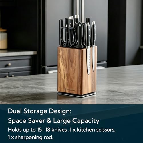 KITCHENDAO Magnetic Knife Block - Fixed Parallel Slot, 360° Rotary Acacia Wood, Large Capacity Kitchen Organizer
