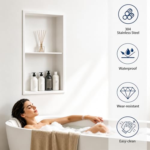 24x12 Inch Stainless Steel Recessed Shower Niche with Shelf - White / 24H×12W