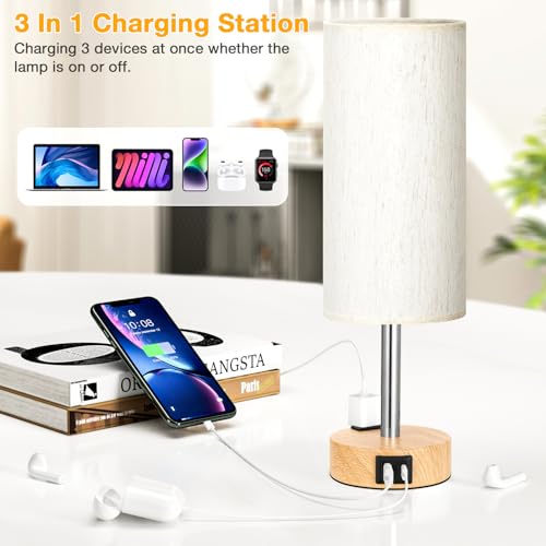 Wood Base Cream Shade Touch Bedside Table Lamps Set of 2 with USB Ports and Outlet - 14 Inch