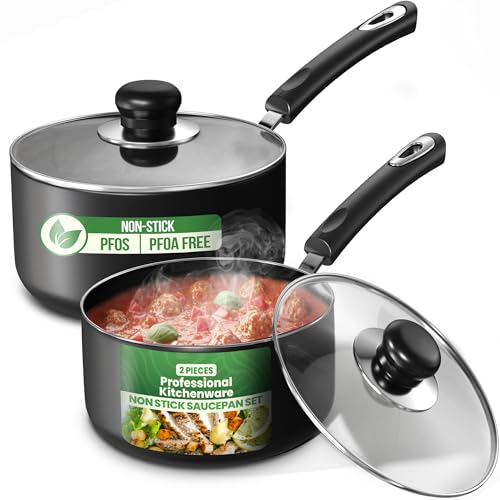 Nonstick Saucepan Set 1QT & 2QT with Lids - Grey-Black, PFOS Free