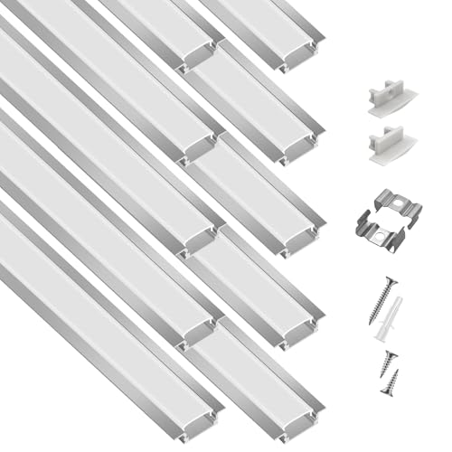 10-Pack 6.6ft Silver Recessed LED Aluminum Channel for Strip Lights with Diffuser & End Caps - Indoor Ceiling & Cabinet Lighting Variation
