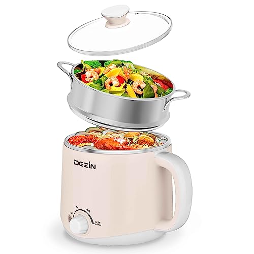 Electric Pot with Steamer 1.7 Quarts - Stainless Steel, Dual Power, Creamy Beige
