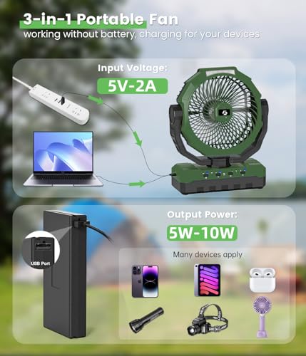 Rechargeable Camping Fan 36000mAh with Detachable Battery & Green Variant