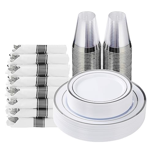 175-Piece Silver Plastic Dinnerware Set for 25 Guests - Party Plates, Cups & Utensils