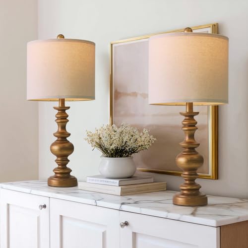 24-Inch Antique Gold Bedside Lamps Set of 2 with Linen Shades - Farmhouse Style, Medium Size Variation of Medium-24"