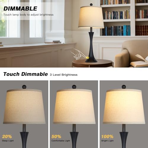 Black 27.5" Modern Touch Table Lamps Set of 2 with USB-C+A Ports, Dimmable Nightstand Lamps, Bulbs Included
