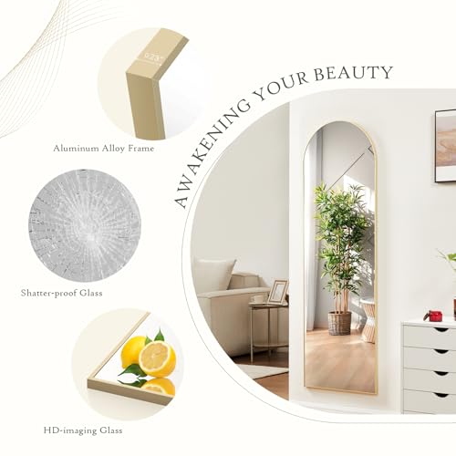 HAPPYMONT Gold Arched Full Length Mirror 64x21 Inches, Floor Standing & Wall Mountable