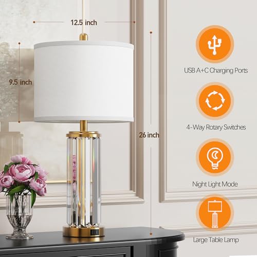 Set of 2 Gold & Clear Modern Table Lamps with Nightlight & USB Charging Ports