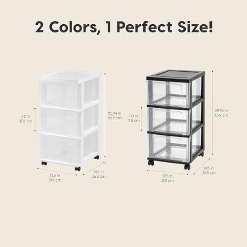 IRIS USA 3-Drawer Slim Storage Cart Set - Black & Clear, Pack of 2