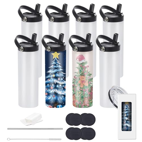 20oz Sublimation Sport Tumblers with 2 Lids - Flat Edge Stainless Steel Insulated Cups, White, 8 Pack with Flex Handle Lid