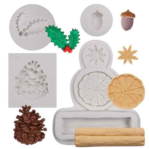Pine Nut Chocolate Molds, Christmas Pinecone Holly Leaf Silicone Molds, Lemon Slices Spices Star Anise Cinnamon Fondant Molds for Cake Decoration Dessert Plaster Clay Resin Set of 4