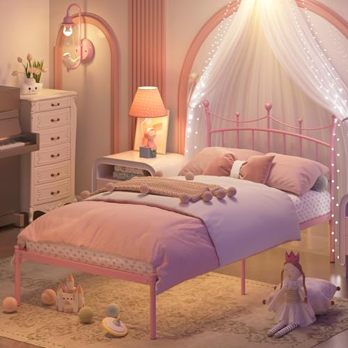 Pink Twin Bed Frame for Kids with Crown Headboard - Merronix Light Pink Twin Size Bed