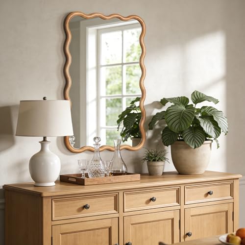Wavy Wood Mirror 24x36 Inch Wall Decor with Wooden Frame - Walnut Variation