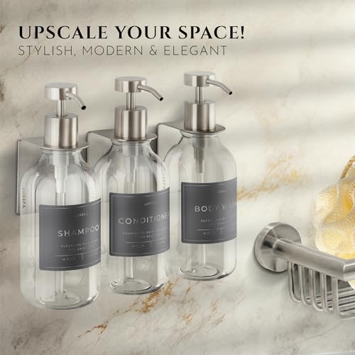 LUSSPA Wall Mounted Shower Shampoo Dispenser Set 3 Clear Bottles with Silver Pumps