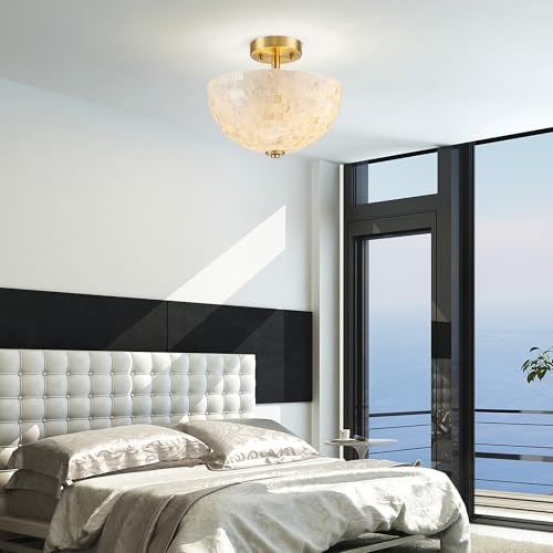 D12" Brass Close to Ceiling Capiz Shell Pendant Light - Coastal Style