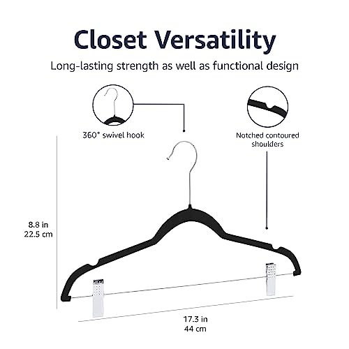 Amazon Basics Velvet Non-Slip Skirt Hangers with Clips, Pack of 50, Black/Silver