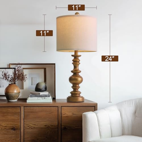 24-Inch Antique Gold Bedside Lamps Set of 2 with Linen Shades - Farmhouse Style, Medium Size Variation of Medium-24"