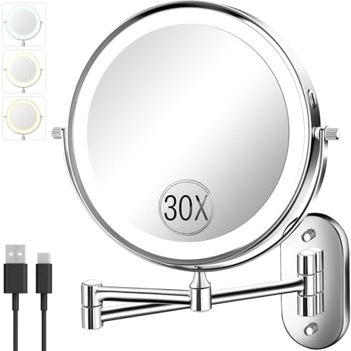 Chrome 8-Inch Wall Mounted Lighted Magnifying Makeup Mirror - 30X/1X Double-Sided with Adjustable Brightness
